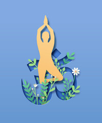 Paper cut yoga tree pose om symbol meditation - obrazy, fototapety, plakaty