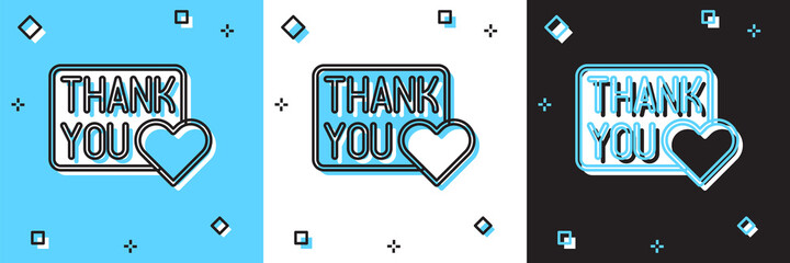 Set Thank you with heart icon isolated on blue and white, black background. Handwritten lettering. Vector