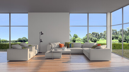 Illustration 3D rendering large luxury modern bright interiors Living room mockup computer digitally generated image