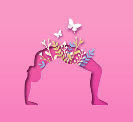 Paper cut yoga backbend pose nature leaf cutout