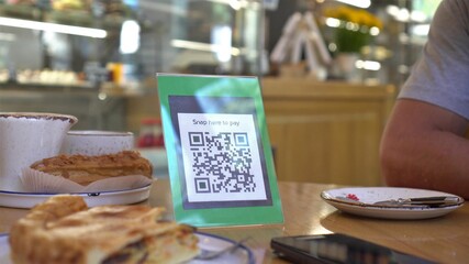 QR Code Payment using a smartphone. Mobile payments for service or product using QR code scanning app. Touchless digital payment option for businesses