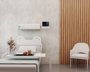 Hospital room with bed, medical equipment, support table with flower and food arrangement above, chair for companion, walls in burnt cement and woodwork slatted detail. 3d rendering