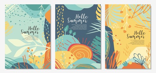 Fototapeta na wymiar Doodle summer drawings design set for covers, invitations, cards, sale banners, posters, backgrounds or flyers. Floral summer design elements and graphics. Colorful vector set with summers landscape.