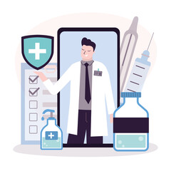 Online doctor on phone screen. Male physician helps patients in application. Consultation to doctor via smartphone. Concept of mobile care and help