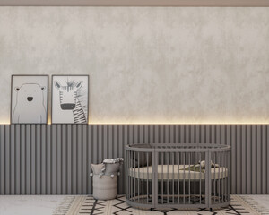 Children's room with gray slatted wall covered with burnt cement and decorative animal pictures. For better comfort, it has a crib, pillows, rug and warm lighting. 3d rendering