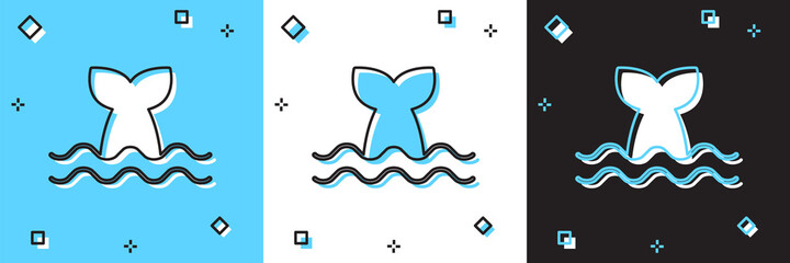 Set Whale tail in ocean wave icon isolated on blue and white, black background. Vector