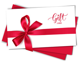 Decorative white gift card design template with red bow and ribbon. Vector illustration	 - 442576705