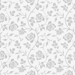 Seamless pattern with abstract garden roses, with stems and leaves silhouette. Background with blossoming flowers. Vintage floral hand drawn wallpaper. Vector stock illustration.