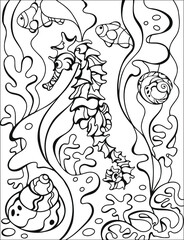 Coral reef, sea Horse and seashells coloring page. Original coloring underwater world. Summer fun. Black and white graphic. Sketch of ornaments for creativity of children and adults. EPS 8