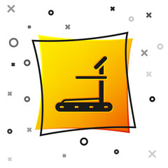 Black Treadmill machine icon isolated on white background. Yellow square button. Vector