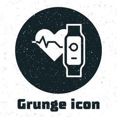 Grunge Smart watch showing heart beat rate icon isolated on white background. Fitness App concept. Monochrome vintage drawing. Vector