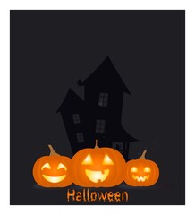 Cute holiday background, template, web for the Halloween holiday. Festive background with glowing pumpkins and a thematic inscription on the background of a castle with a ghost. Vector illustration.