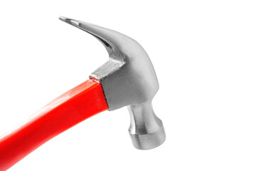 Hammer closeup with a red handle on a white background. Selective focus.