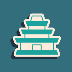 Green Traditional Korean temple building icon isolated on green background. Long shadow style. Vector