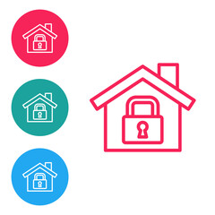 Red line House under protection icon isolated on white background. Home and lock. Protection, safety, security, protect, defense concept. Set icons in circle buttons. Vector