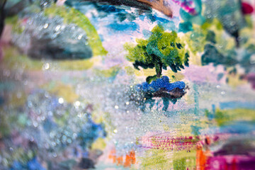 Fototapeta na wymiar Sparkly art painting of nature, impressionism, nail polish, green tree, water, colorful macro background, silver glitter