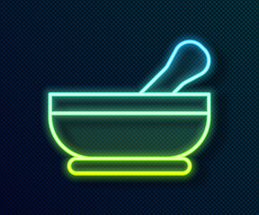 Glowing neon line Mortar and pestle icon isolated on black background. Vector