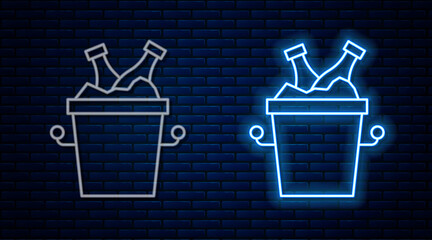 Glowing neon line Beer bottles in ice bucket icon isolated on brick wall background. Vector © vector_v