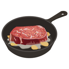 和牛ステーキのイラスト素材　キャンプ　フライパン　ベクター