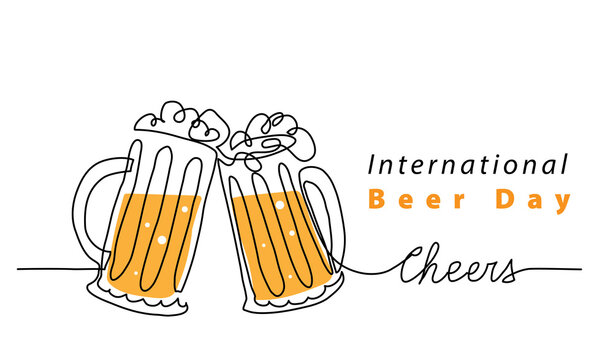International Beer Day art vector background, banner, poster with lettering cheers. Beer mugs one line art illustration