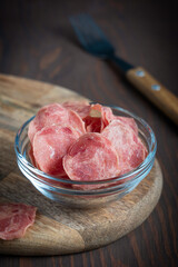 Thin salted slices of jerky pork or beef meat dehydrated with high content of protein related to...