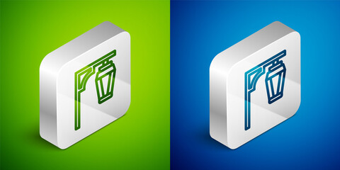 Isometric line Vintage street light icon isolated on green and blue background. Silver square button. Vector