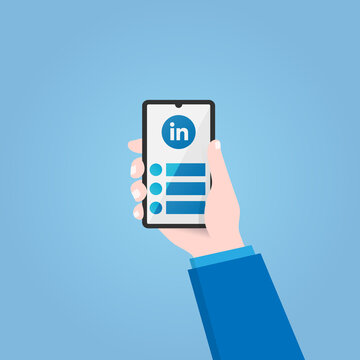 Hand holding smartphone with LinkedIn logo, phone mockup, vector illustration