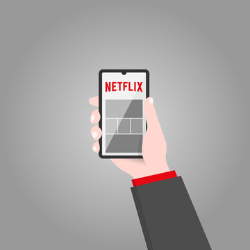 Hand holding smartphone with Netflix logo, phone mockup, vector illustration