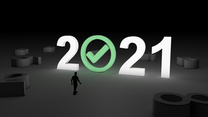 3D illustration of the number 2021 with Check mark icon with and man walking towards it