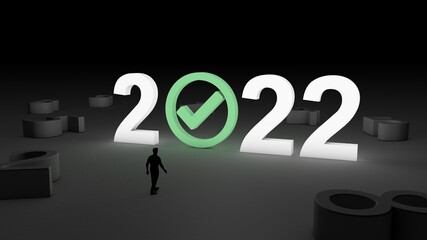 3D illustration of the number 2022 with Check mark icon with and man walking towards it