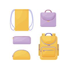 A school kit consisting of yellow and lilac school bags, such as a backpack, a rectangular and round pencil case for pens and pencils, a shoe bag and a briefcase. Vector on a white background