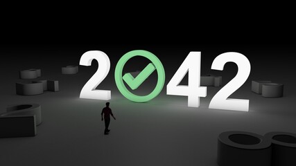 3D illustration of the number 2042 with Check mark icon with and man walking towards it