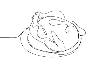 Continuous one line of christmas delicious baked chicken on plate in silhouette on a white background. Linear stylized.Minimalist.