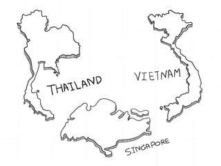 3 Asia 3D Map is composed Singapore, Thailand and Vietnam. All hand drawn on white background.
