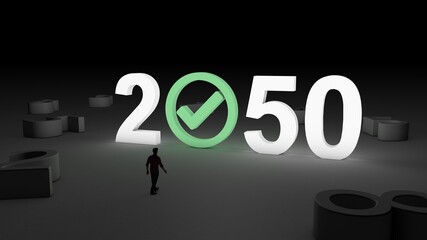 3D illustration of the number 2050 with Check mark icon with and man walking towards it