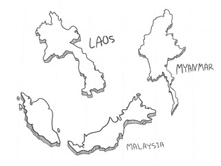 3 Asia 3D Map is composed Laos, Myanmar and Malaysia. All hand drawn on white background.