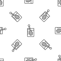 Grey line Honey dipper stick icon isolated seamless pattern on white background. Honey ladle. Vector