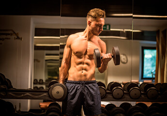 Fototapeta na wymiar Handsome young man exercising biceps in gym