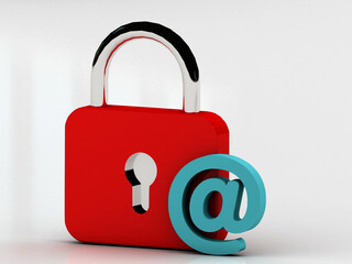 Cyber security and online digital safety concept with a padlock icon and at symbol 3D illustration