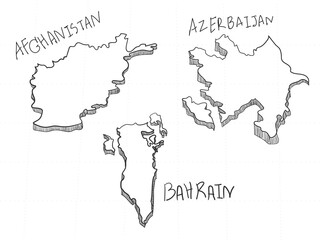 3 Asia 3D Map is composed Afghanistan, Azerbaijan and Bahrain. All hand drawn on white background.