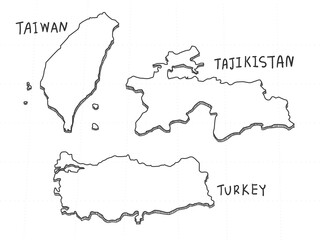 3 Asia 3D Map is composed Taiwan, Tajikistan and Turkey. All hand drawn on white background.