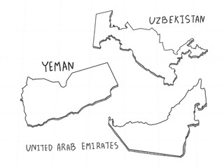 3 Asia 3D Map is composed Uzbekistan, United Arab Emirates and Yeman. All hand drawn on white background.