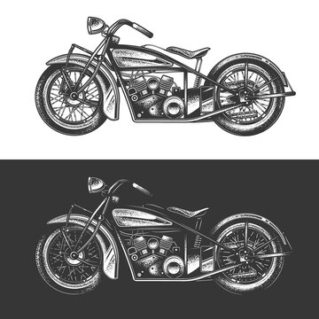 Original monochrome vector illustration in retro style on a white and black background. An American custom-made motorcycle. T-shirt Design