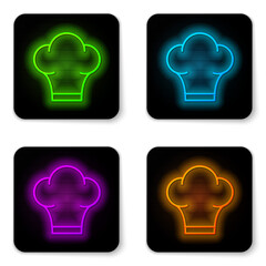 Glowing neon line Chef hat icon isolated on white background. Cooking symbol. Cooks hat. Black square button. Vector