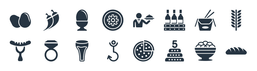 food filled icons. glyph vector icons such as loaf of bread, five birthday cake, fishing tool, burning sausage on a fork, chinese food box, eggs sillhouettes, waiter with a roast chicken, hot
