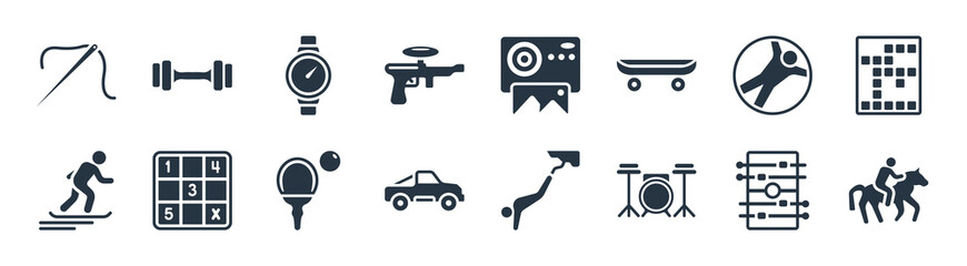 hobbies filled icons. glyph vector icons such as riding, drum set, buggy, snowboarding, zorbing, watches, instant camera, dumbell sign isolated on white background.