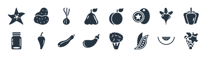 fruits filled icons. glyph vector icons such as grape, peas, aubergine, mason jar, radishes, spring onion, apricot, potatoes sign isolated on white background.