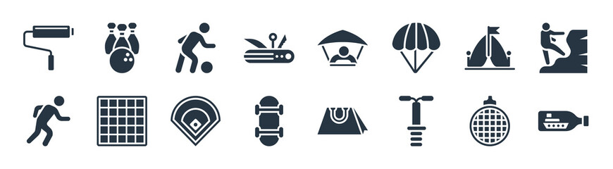 free time filled icons. glyph vector icons such as ship in a bottle, pogo stick, skateboarding, running man, camping, sports, hang glider, bowling sign isolated on white background.