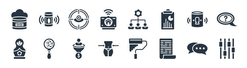 general filled icons. glyph vector icons such as sound control, news feed, weight loss, matryoshka, smart assistant, trackability, outsourcing, smart speaker sign isolated on white background.