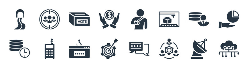 general filled icons. glyph vector icons such as internet of things, project team, marketing strategy, real time data, user data, referendum, shoulder immobilizer, team target sign isolated on